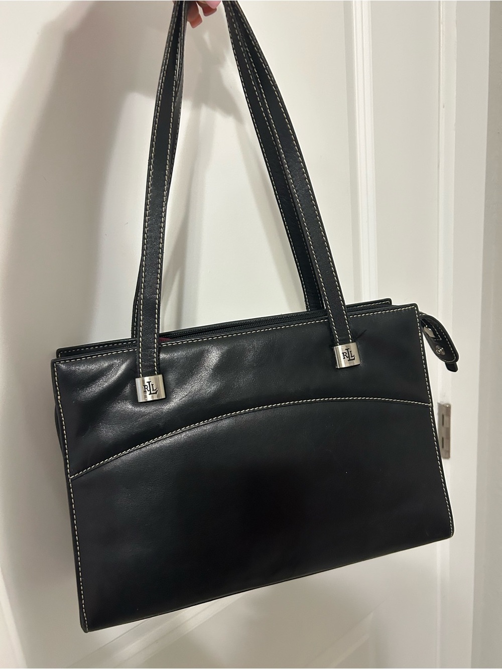 Ralph Lauren Black Leather Shoulder Tote with Contrast Stitching